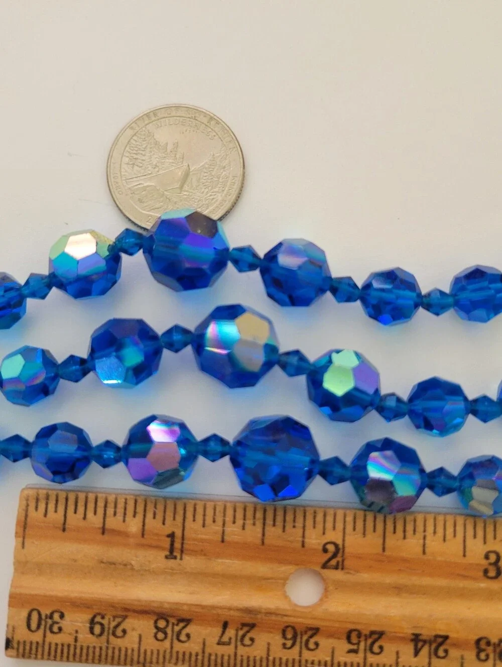 Vintage AB Crystal Beaded Necklace Blue Choker Graduated Faceted 3 Strand 18
